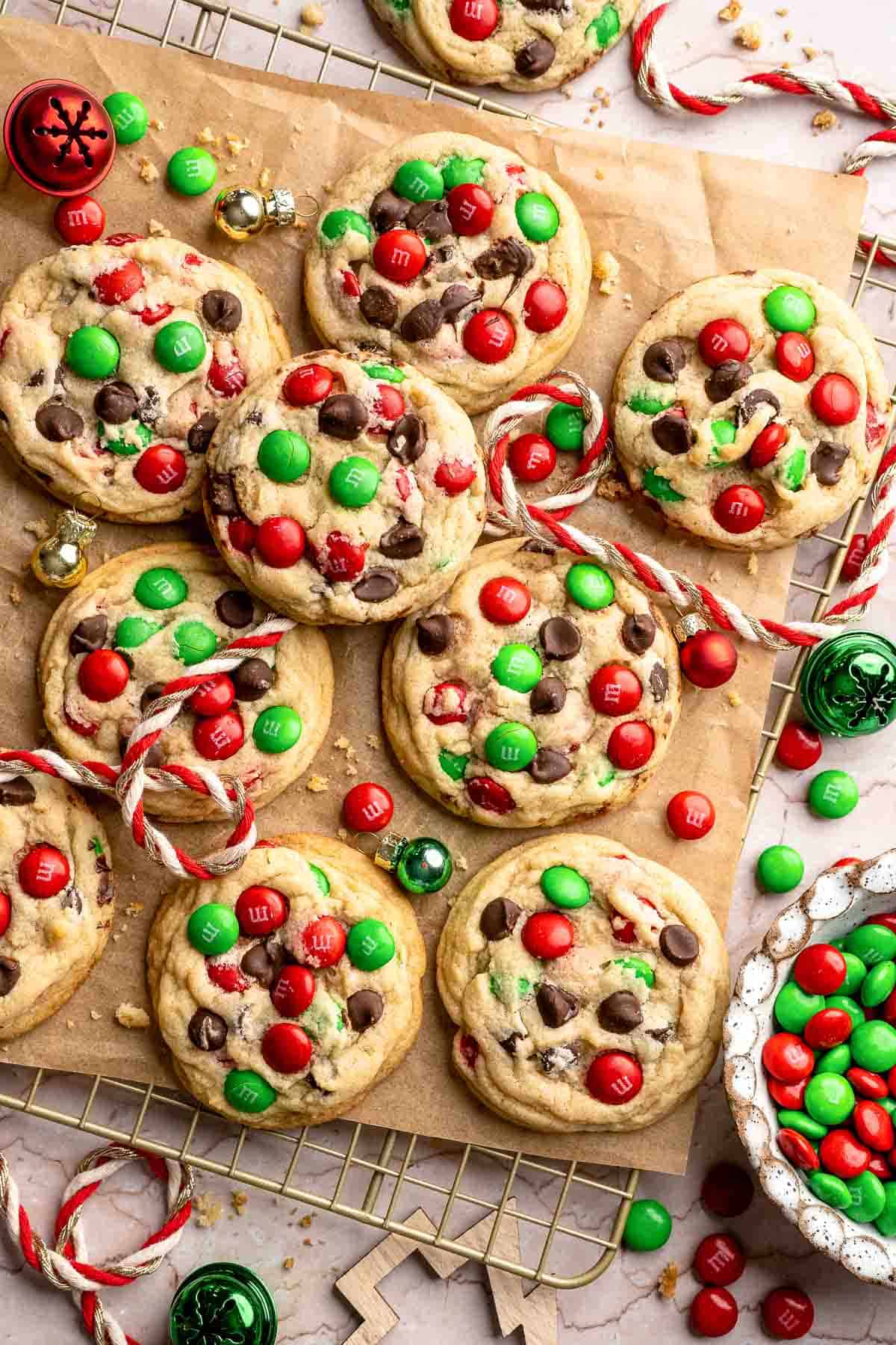 Festive red and green M&M Christmas Cookies that are soft, chewy, and crisp at the edges. Quick and easy, ready in about 20 minutes. | aheadofthyme.com