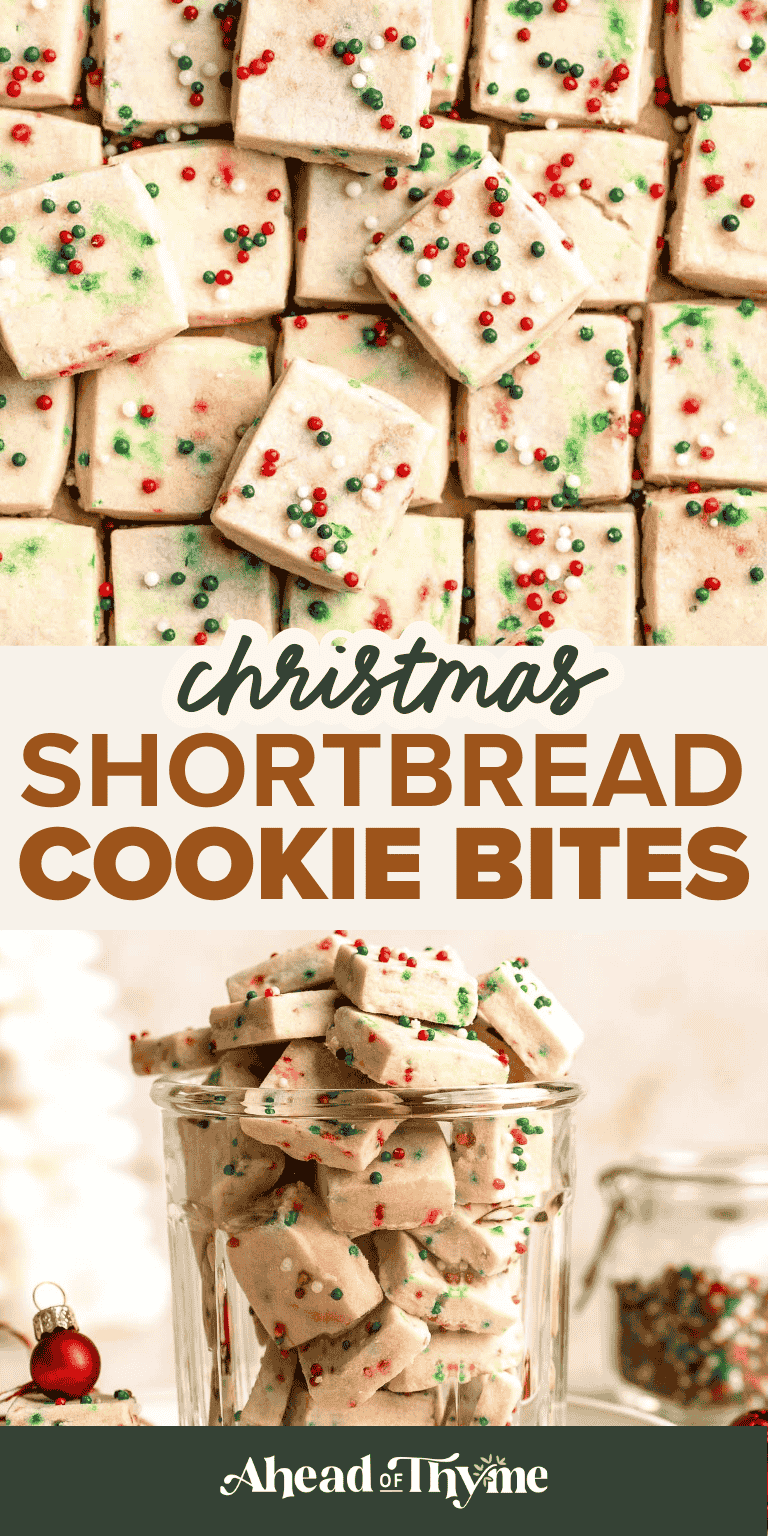 Funfetti Christmas shortbread cookie bites are squares of buttery melt in your mouth mini cookies packed with festive sprinkles for a fun holiday treat. | aheadofthyme.com