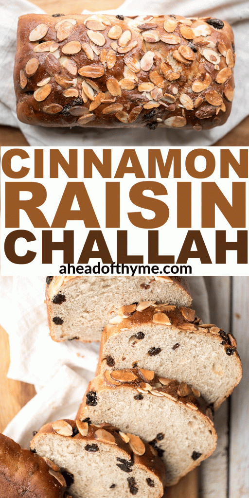 Sweet cinnamon raisin challah bread is airy, soft and fluffy with a beautiful golden crust coated with almonds. It is braided and baked in a loaf pan. | aheadofthyme.com