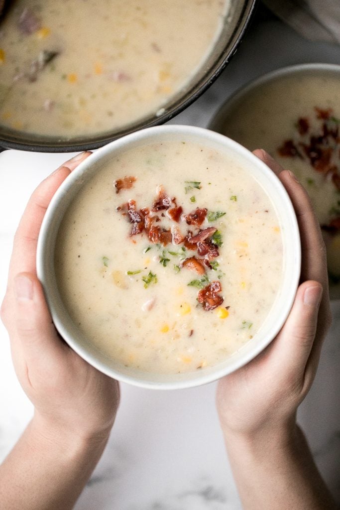 Creamy ham and potato soup is hearty, filling, and so flavourful. This warm and cozy one pot meal is the easiest weeknight meal to make in just 25 minutes. | aheadofthyme.com