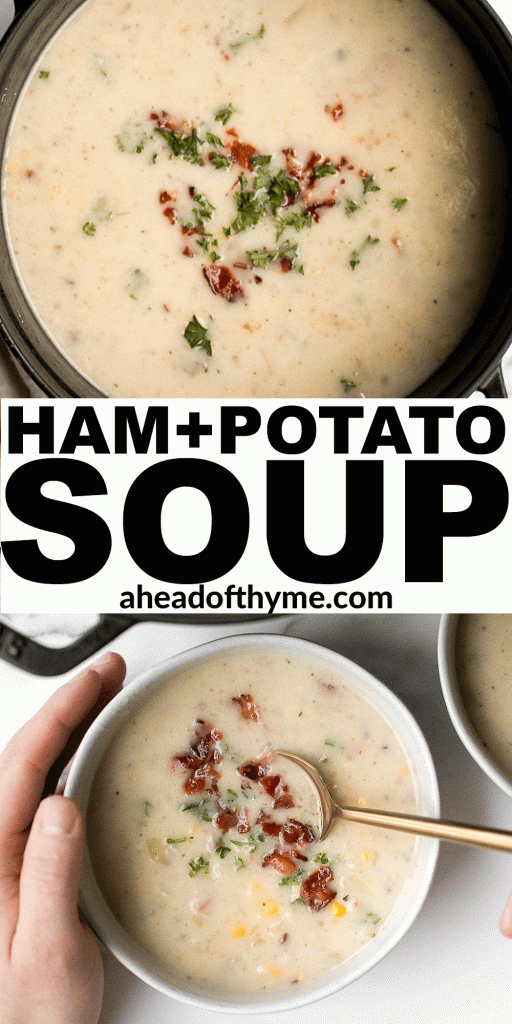Creamy ham and potato soup is hearty, filling, and so flavourful. This warm and cozy one pot meal is the easiest weeknight meal to make in just 25 minutes. | aheadofthyme.com