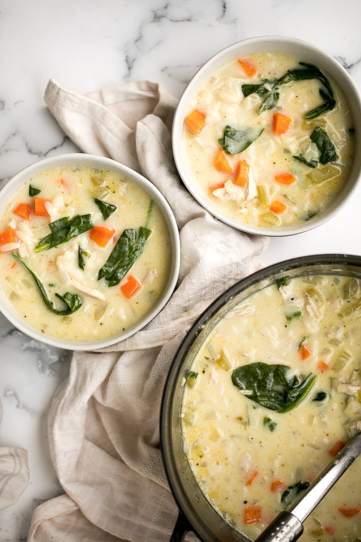 Warm and cozy, creamy turkey orzo soup is wholesome, hearty, filling, and flavourful. Make this delicious one pot meal with leftover turkey in 30 minutes. | aheadofthyme.com