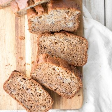 Healthy banana bread is delicious and moist and contains no refined sugar or butter. Quick and easy to make with 10 minutes prep and few pantry staples. | aheadofthyme.com