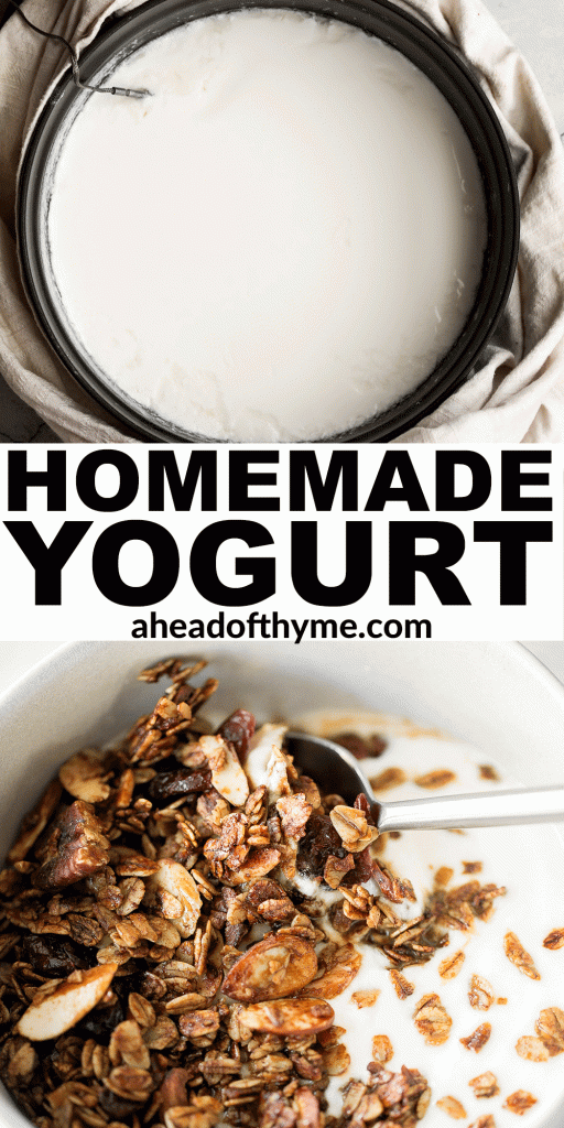 Thick and creamy homemade yogurt is so easy to make at home with just 2 ingredients, a heavy pot, and just a few minutes of actual hands on prep work. | aheadofthyme.com
