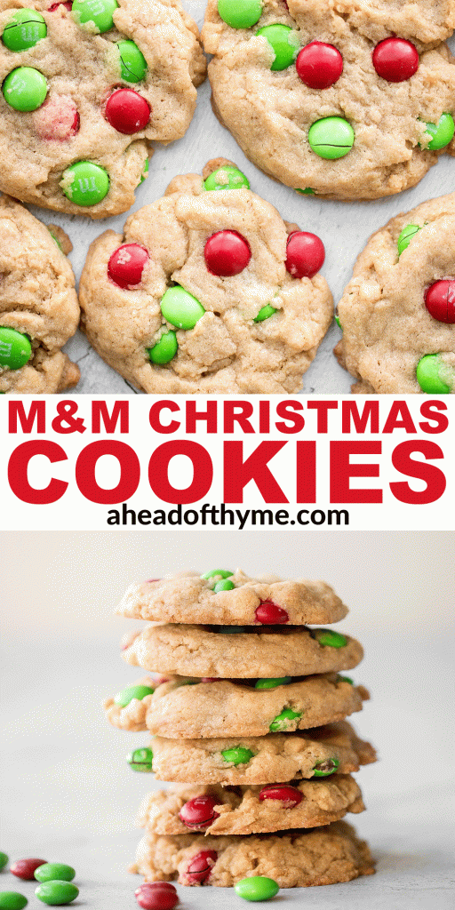 Festive red and green M&M Christmas cookies are super soft and chewy with the crispiest edges. Quick and easy to make in 20 minutes with no chill time. | aheadofthyme.com