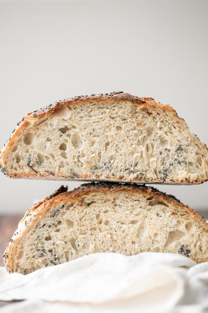 No knead sesame bread is chewy, springy and airy with the perfect crunchy crust coated with sesame seeds. Easy to make with 10 minutes prep and no kneading. | aheadofthyme.com