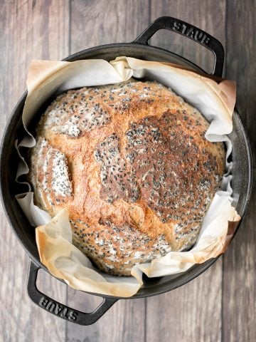 No knead sesame bread is chewy, springy and airy with the perfect crunchy crust coated with sesame seeds. Easy to make with 10 minutes prep and no kneading. | aheadofthyme.com