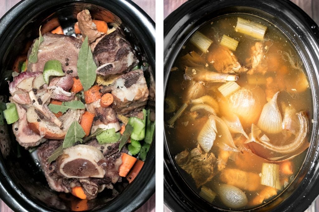 Nutritious wholesome slow cooker bone broth is healing, promotes physical wellness and health, and is easy to make at home. Add it to soups, stews and more. | aheadofthyme.com