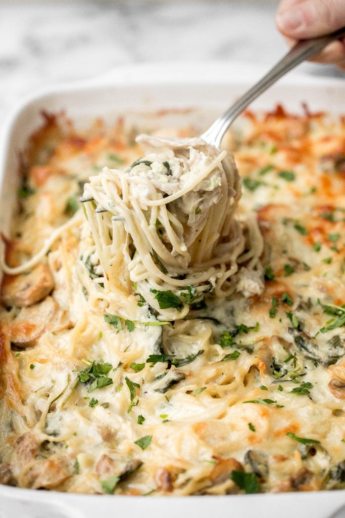 Creamy leftover turkey tetrazzini with spinach is a simple, easy and delicious pasta recipe that is comforting, creamy and cheesy. It's a family favourite. | aheadofthyme.com
