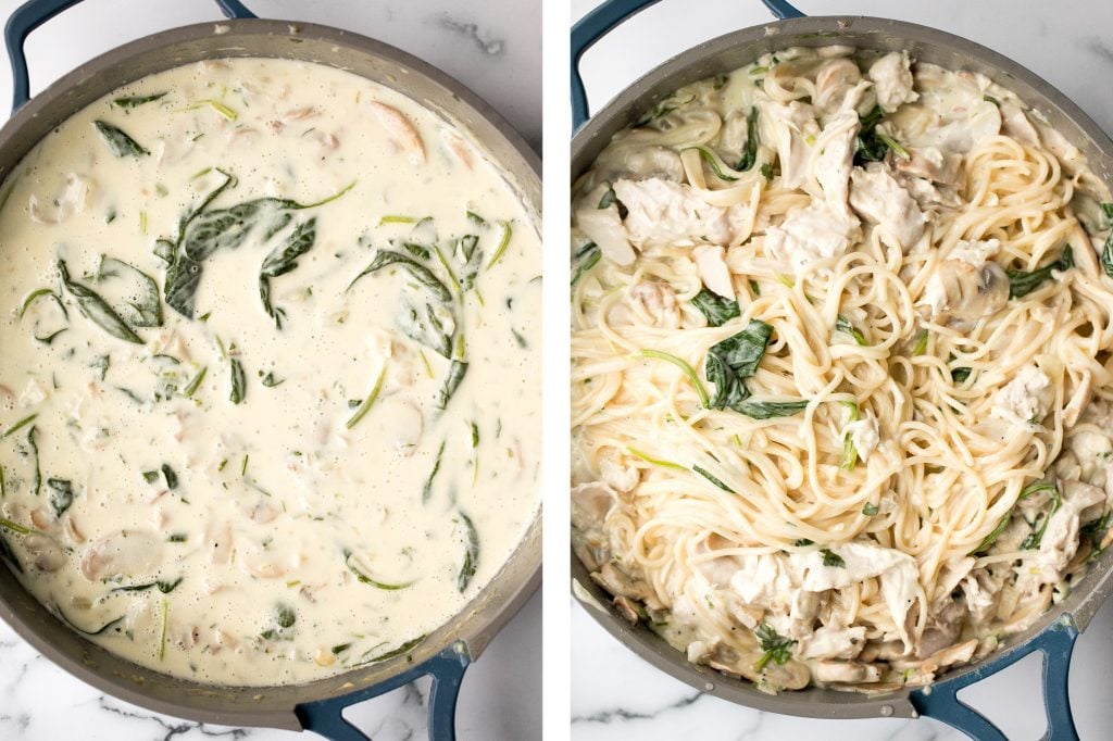 Creamy leftover turkey tetrazzini with spinach is a simple, easy and delicious pasta recipe that is comforting, creamy and cheesy. It's a family favourite. | aheadofthyme.com