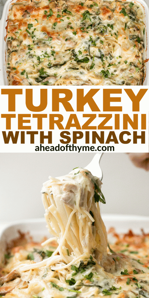 Creamy leftover turkey tetrazzini with spinach is a simple, easy and delicious pasta recipe that is comforting, creamy and cheesy. It's a family favourite. | aheadofthyme.com