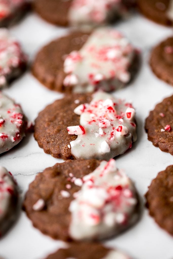 Festive white chocolate peppermint gingerbread cookies are soft and chewy, dipped in white chocolate, with a sprinkle of crushed peppermint candy canes. | aheadofthyme.com