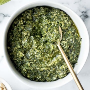 Fresh homemade basil pesto is vibrant, colourful, flavourful and extremely easy to make at home in just 5 minutes with a few ingredients. | aheadofthyme.com