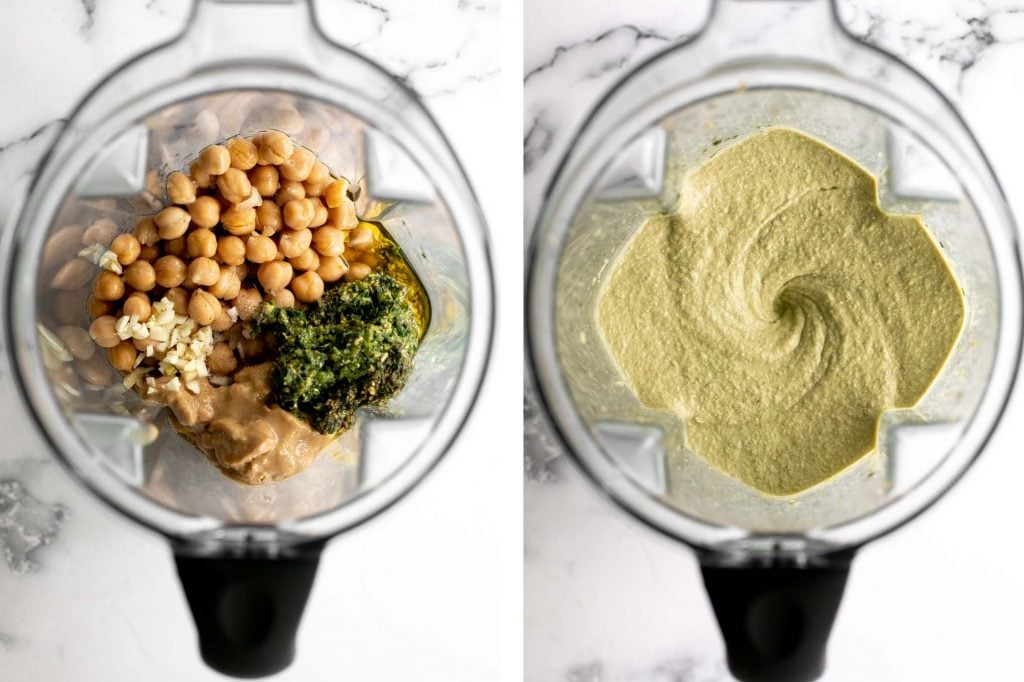 Smooth and creamy pesto hummus is a healthy, delicious and flavourful dip that is easy to make in just 5 minutes. It's vegan and gluten-free. | aheadofthyme.com