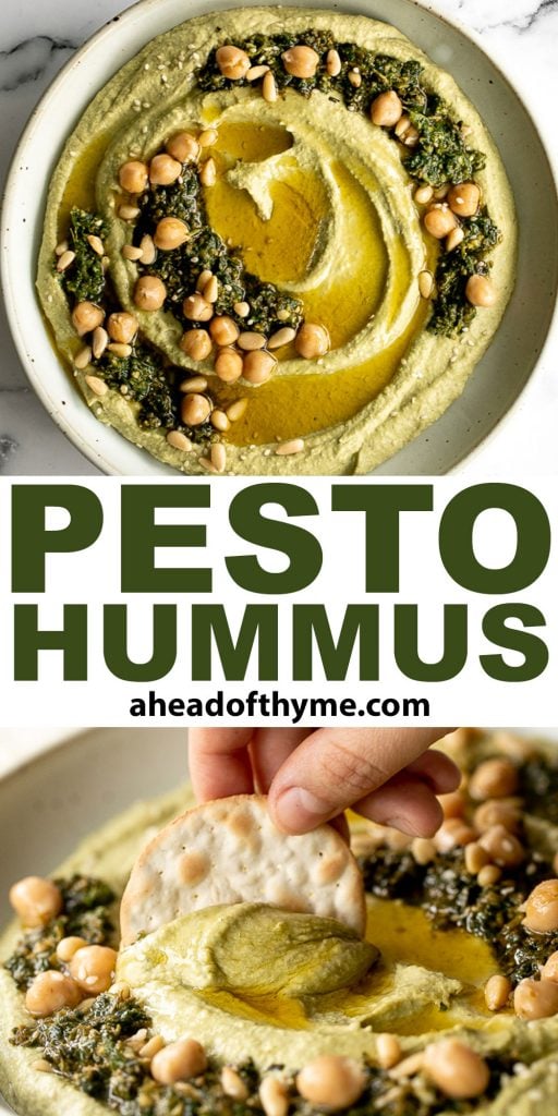 Smooth and creamy pesto hummus is a healthy, delicious and flavourful dip that is easy to make in just 5 minutes. It's vegan and gluten-free. | aheadofthyme.com