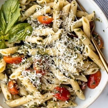 Quick and easy pesto penne pasta is a simple and light Italian pasta dish made with just five ingredients in under 15 minutes. The easiest dinner. | aheadofthyme.com