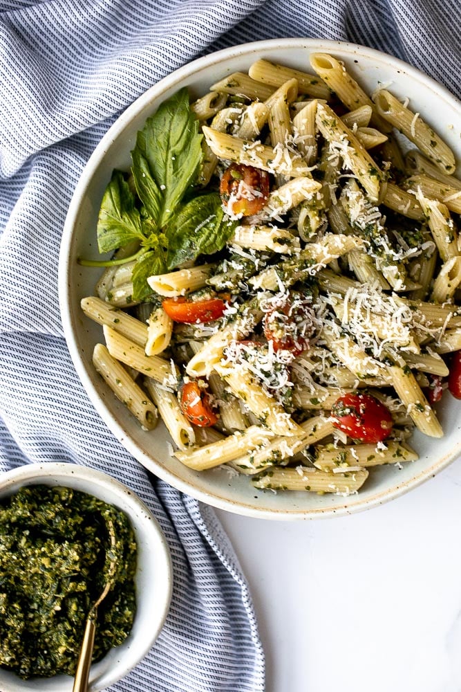 Quick and easy pesto penne pasta is a simple and light Italian pasta dish made with just five ingredients in under 15 minutes. The easiest dinner. | aheadofthyme.com