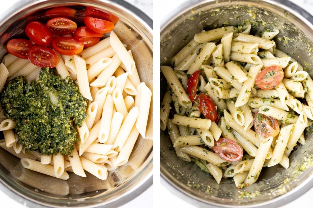 Quick and easy pesto penne pasta is a simple and light Italian pasta dish made with just five ingredients in under 15 minutes. The easiest dinner. | aheadofthyme.com