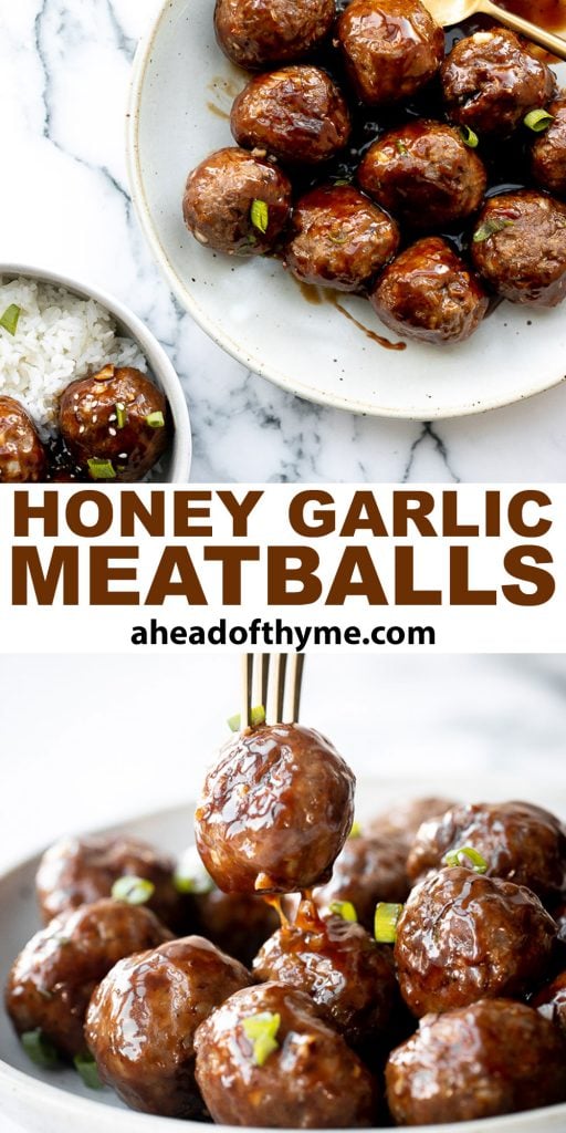 Sticky honey garlic meatballs are a delicious and flavourful 30-minute meal to add to your weekly dinner rotation. A total crowd pleaser. | aheadofthyme.com