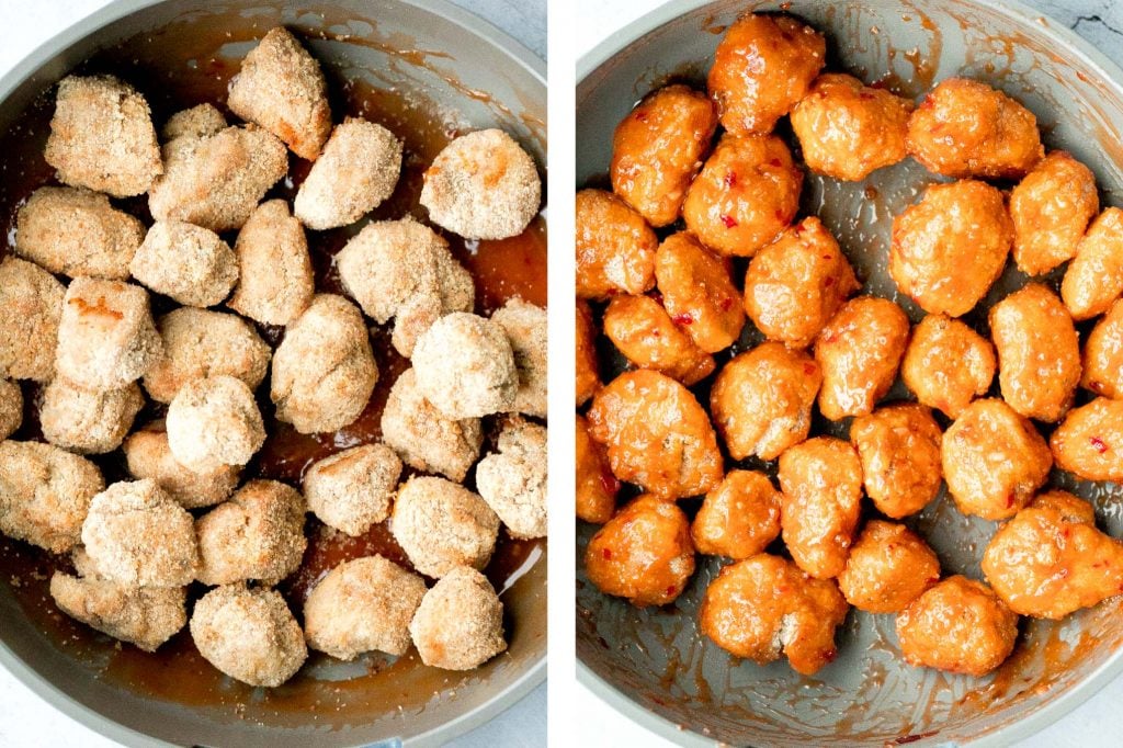 Sticky crispy baked sweet chili chicken bites is better than takeout and so easy to make healthier at home. An easy dinner or game day appy. | aheadofthyme.com