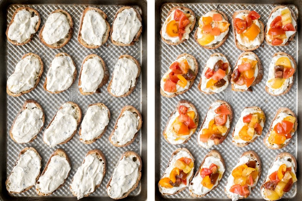 Whipped ricotta crostini is a fancy easy appetizer to make in just minutes or prepare in advance and assemble before serving. A total crowd pleaser. | aheadofthyme.com