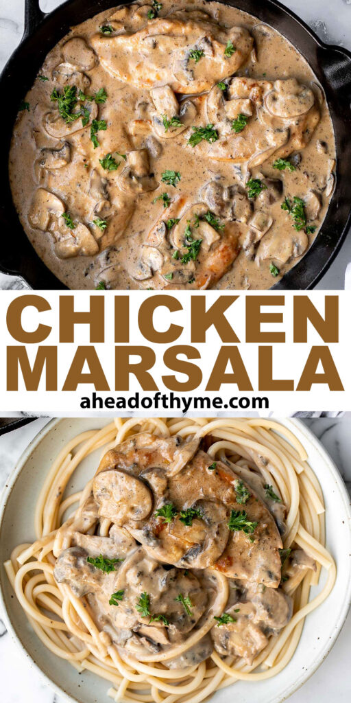 Chicken marsala in creamy mushroom sauce is a quick and easy 30-minute chicken dinner that is pure comfort food goals. A total crowd favourite. | aheadofthyme.com