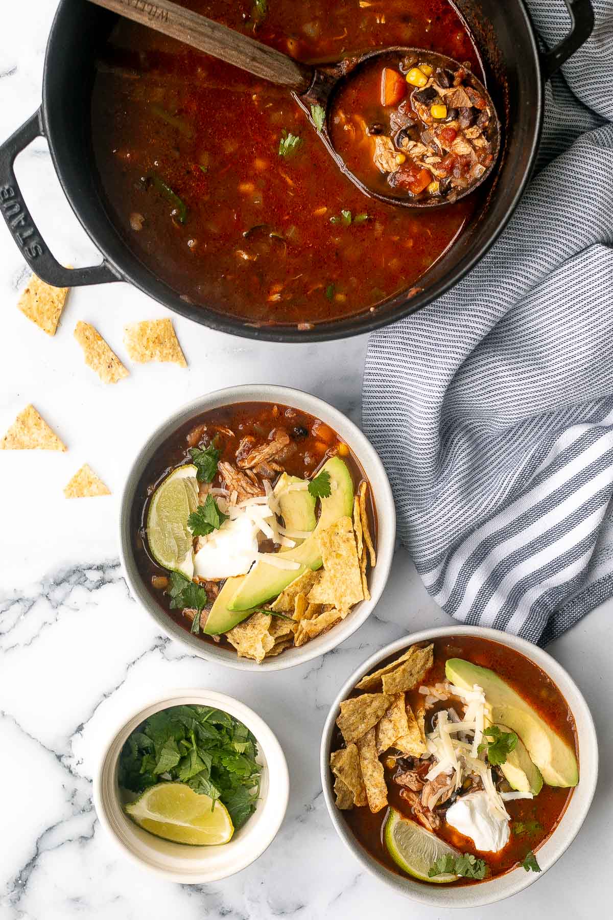 Hearty chicken tortilla soup is a delicious, wholesome and filling soup that you can make in about 30 minutes, packed with classic Mexican flavours. | aheadofthyme.com