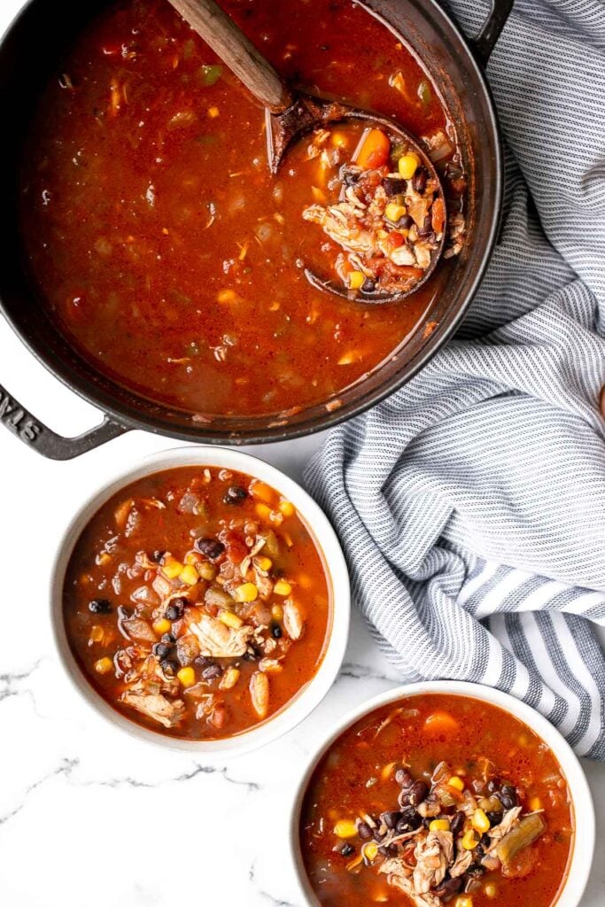 Hearty chicken tortilla soup is a delicious, wholesome and filling soup that you can make in about 30 minutes, packed with classic Mexican flavours. | aheadofthyme.com