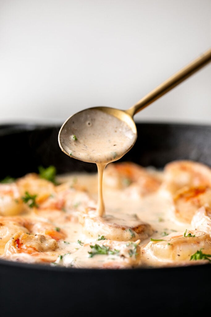 Creamy garlic shrimp is a delicious, quick and easy 15-minute meal (including prep!) that you need to include in your weeknight dinner meal plan. | aheadofthyme.com