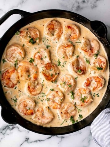 Creamy garlic shrimp is a delicious, quick and easy 15-minute meal (including prep!) that you need to include in your weeknight dinner meal plan. | aheadofthyme.com