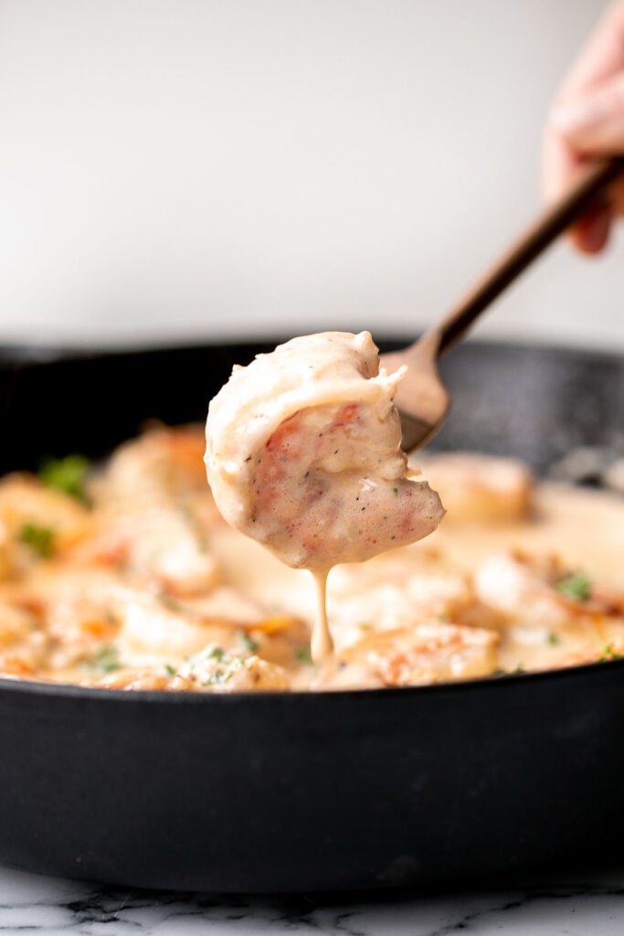 Creamy garlic shrimp is a delicious, quick and easy 15-minute meal (including prep!) that you need to include in your weeknight dinner meal plan. | aheadofthyme.com