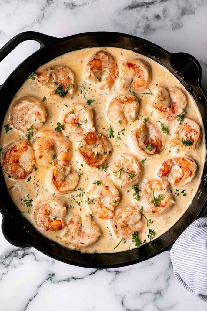 Creamy garlic shrimp is a delicious, quick and easy 15-minute meal (including prep!) that you need to include in your weeknight dinner meal plan. | aheadofthyme.com