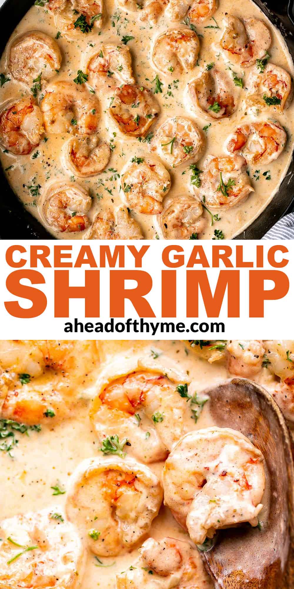 Creamy Garlic Shrimp is a quick and easy 15-minute meal made with juicy shrimp in a cheesy garlic cream sauce. Perfect for weeknight dinners! | aheadofthyme.com