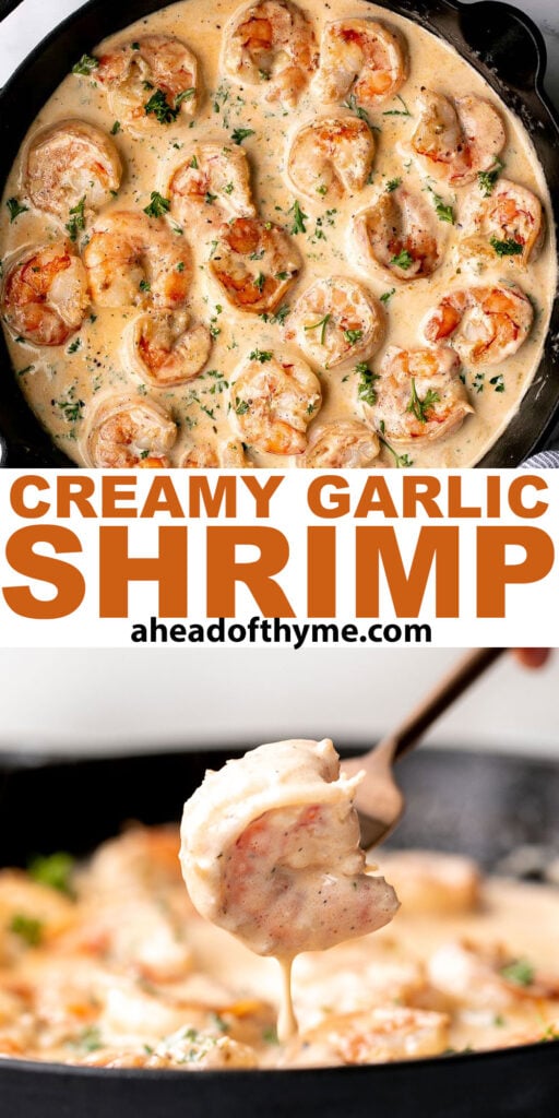 Creamy garlic shrimp is a delicious, quick and easy 15-minute meal (including prep!) that you need to include in your weeknight dinner meal plan. | aheadofthyme.com