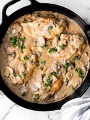 Easy Chicken Marsala is creamy, savory, and comforting. Juicy chicken in a silky, creamy mushroom marsala wine sauce ready in 30 minutes! | aheadofthyme.com