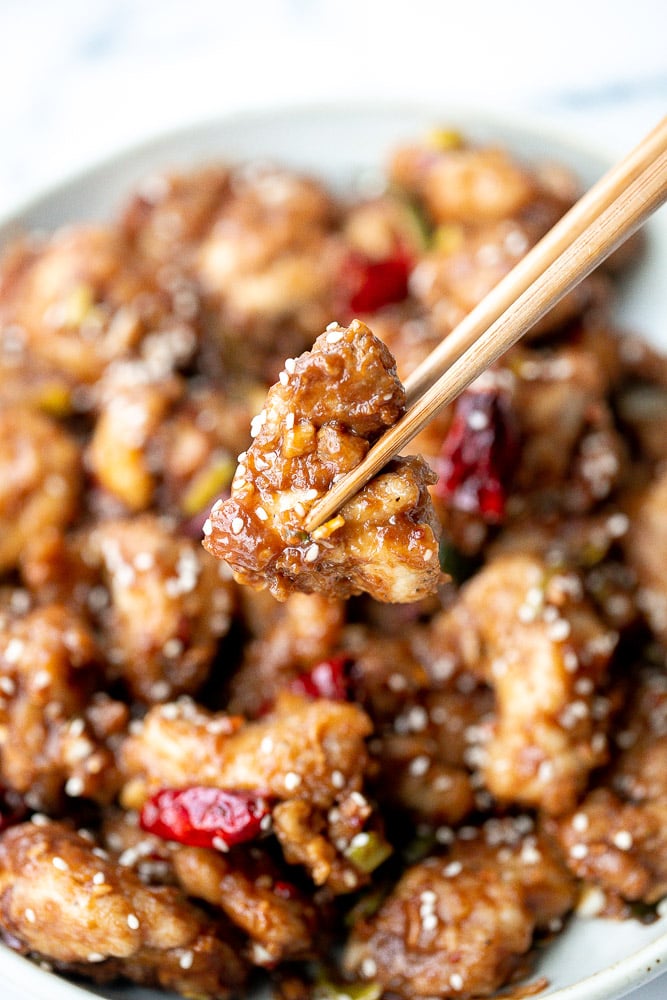 Baked General Tso's Chicken is a saucy, savoury, sweet, spicy Chinese-American takeout favourite made healthier with baked chicken, not fried. | aheadofthyme.com