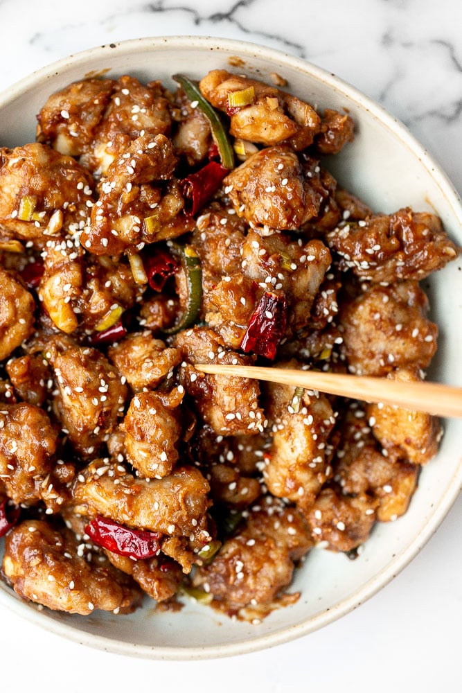 Baked General Tso's Chicken is a saucy, savoury, sweet, spicy Chinese-American takeout favourite made healthier with baked chicken, not fried. | aheadofthyme.com