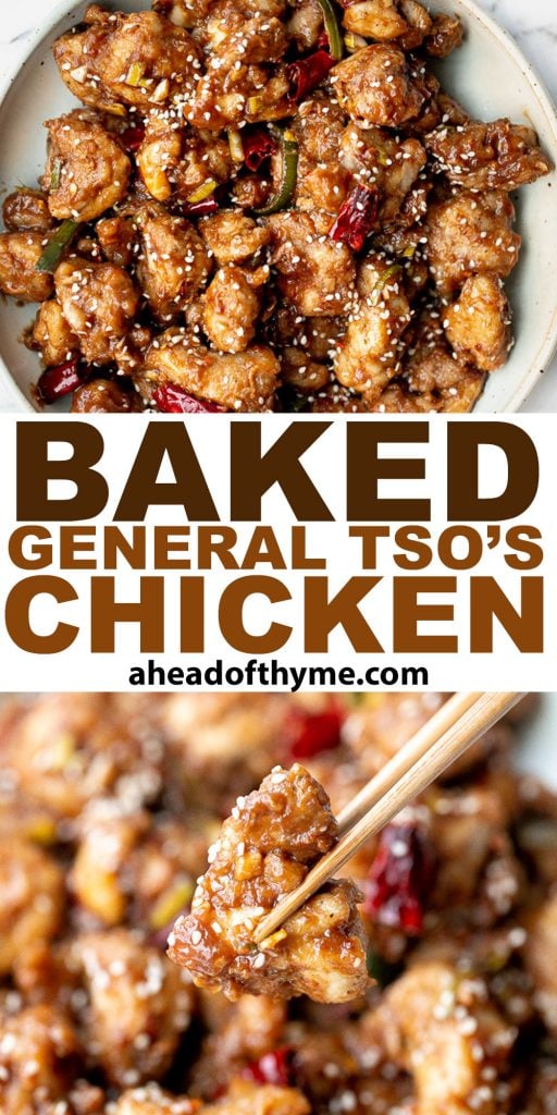 Baked General Tso's Chicken is a saucy, savoury, sweet, spicy Chinese-American takeout favourite made healthier with baked chicken, not fried. | aheadofthyme.com