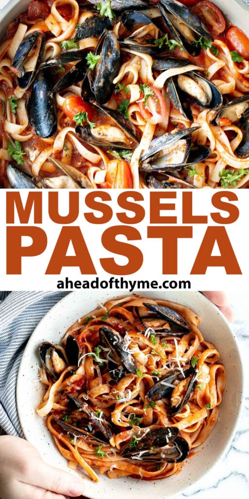 Mussels pasta in tomato sauce is a simple, light and fresh, seafood pasta dinner that you can make at home in 30 minutes. Easiest weeknight dinner. | aheadofthyme.com