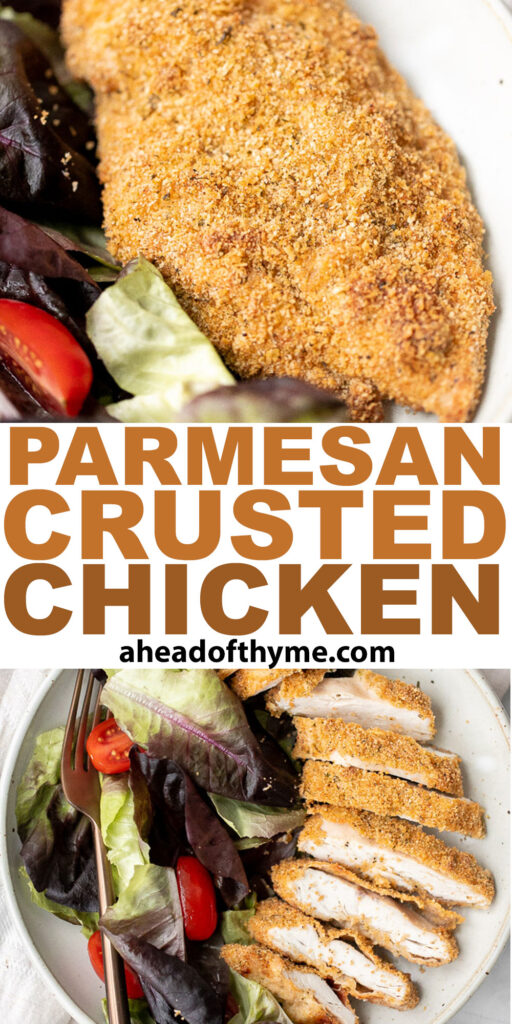 Baked parmesan crusted chicken is breaded in a herby parmesan breadcrumb mixture and baked until crispy perfection. So flavourful and delicious. | aheadofthyme.com