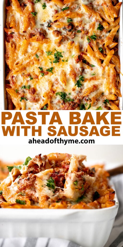 Pasta bake with sausage (baked ziti) is a lazy day lasagna with layers of pasta tossed in a rich meat sauce, layered with mozzarella, and baked. | aheadofthyme.com