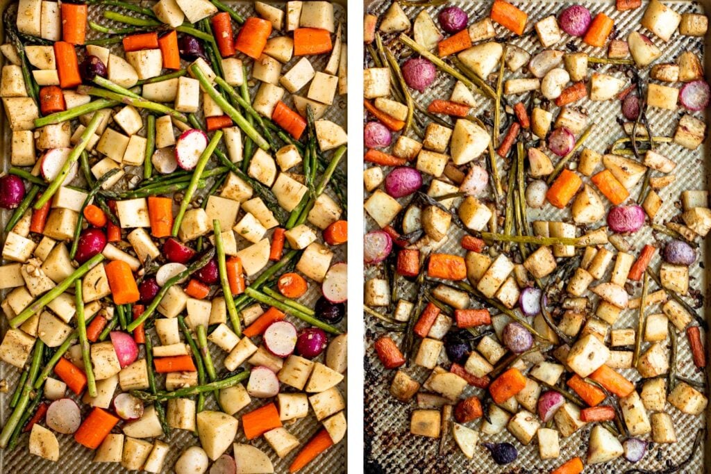 Roasted spring vegetables are an easy sheet pan side dish packed with all our favourite veggies of the season. Plus, it's so easy to prep and make. | aheadofthyme.com