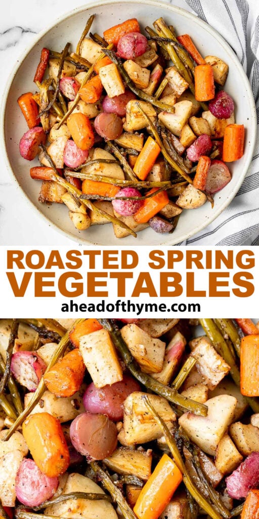 Roasted spring vegetables are an easy sheet pan side dish packed with all our favourite veggies of the season. Plus, it's so easy to prep and make. | aheadofthyme.com