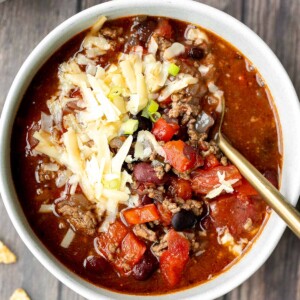 Hearty slow cooker beef chili is an easy, comforting, low-maintenance dinner in fall and winter months. It's a family favourite crockpot chili. | aheadofthyme.com