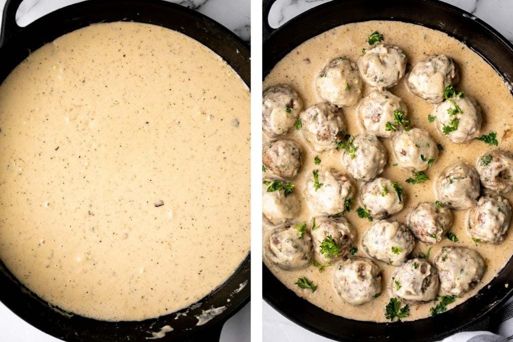 Delicious, comforting homemade Swedish meatballs are seared and smothered in a creamy gravy sauce and taste so much better than IKEA meatballs. | aheadofthyme.com