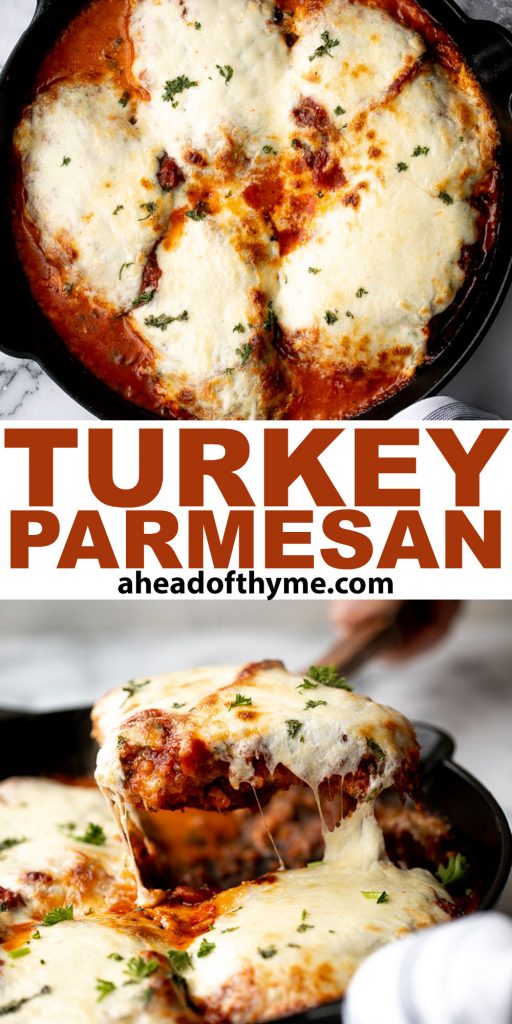 Baked turkey parmesan with a delicious, crispy, breaded coating covered in a rich homemade tomato sauce and topped with melted mozzarella and parmesan. | aheadofthyme.com