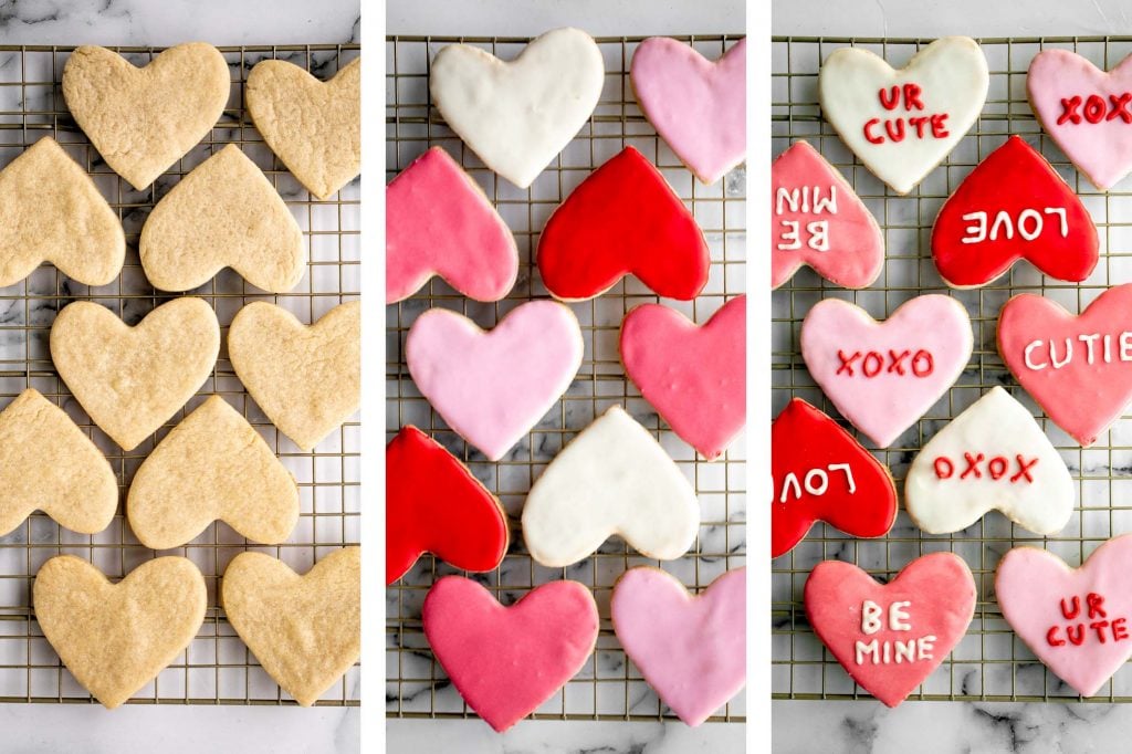 Valentine's Day heart sugar cookies are crisp on the outside, soft inside, and made festive with red and pink royal icing decorated on top. | aheadofthyme.com