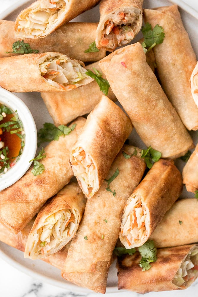 Vegetarian lumpia recipe are delicious, crispy spring rolls packed with a flavourful savoury filling. They can be fried, baked or air fried. | aheadofthyme.com