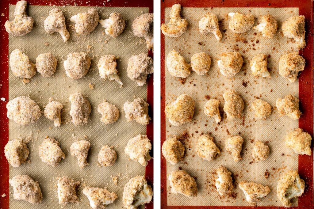 Healthy baked cauliflower nuggets are a vegetarian alternative to chicken nuggets. With parmesan panko breading, these bites are baked until crispy. | aheadofthyme.com