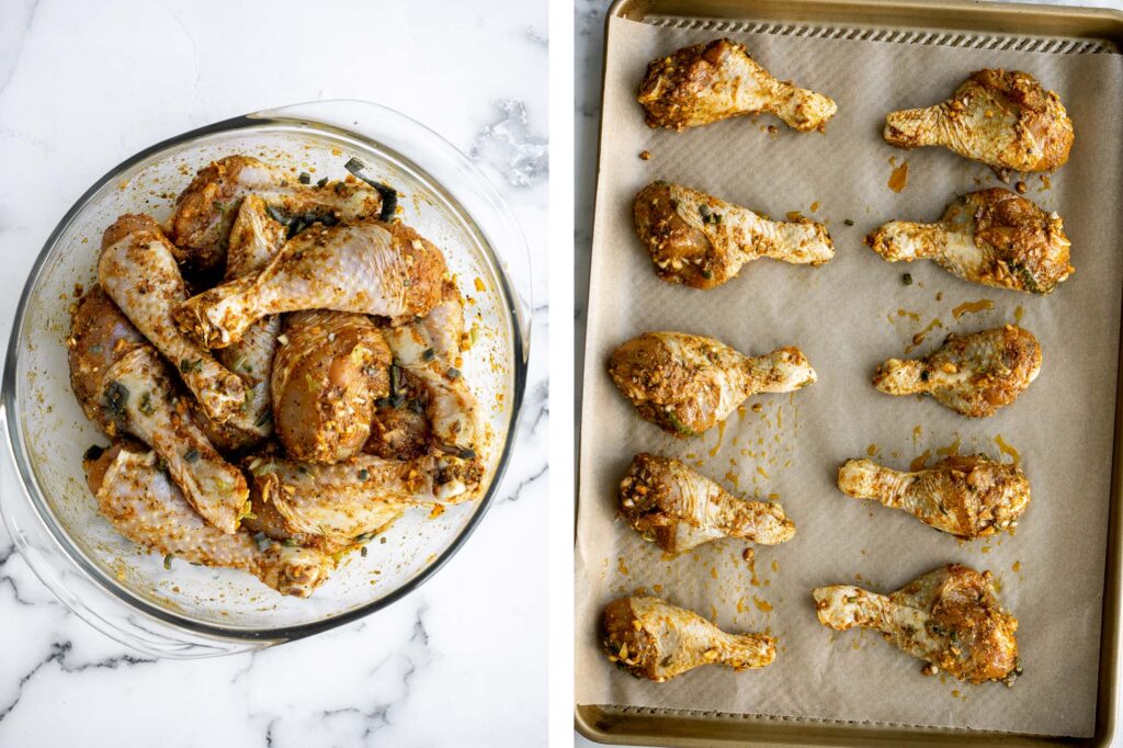 Baked curried chicken drumsticks are an easy to make dinner with quick prep and minimal dishes. They're tender, delicious, and packed with flavour. | aheadofthyme.com